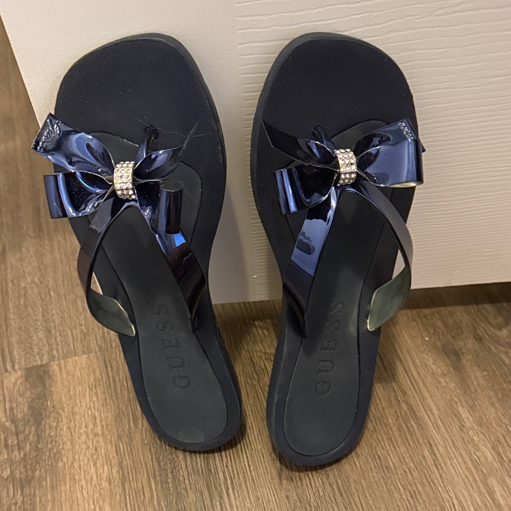 GUESS Women's Navy Sandals with Rhinestone Bow